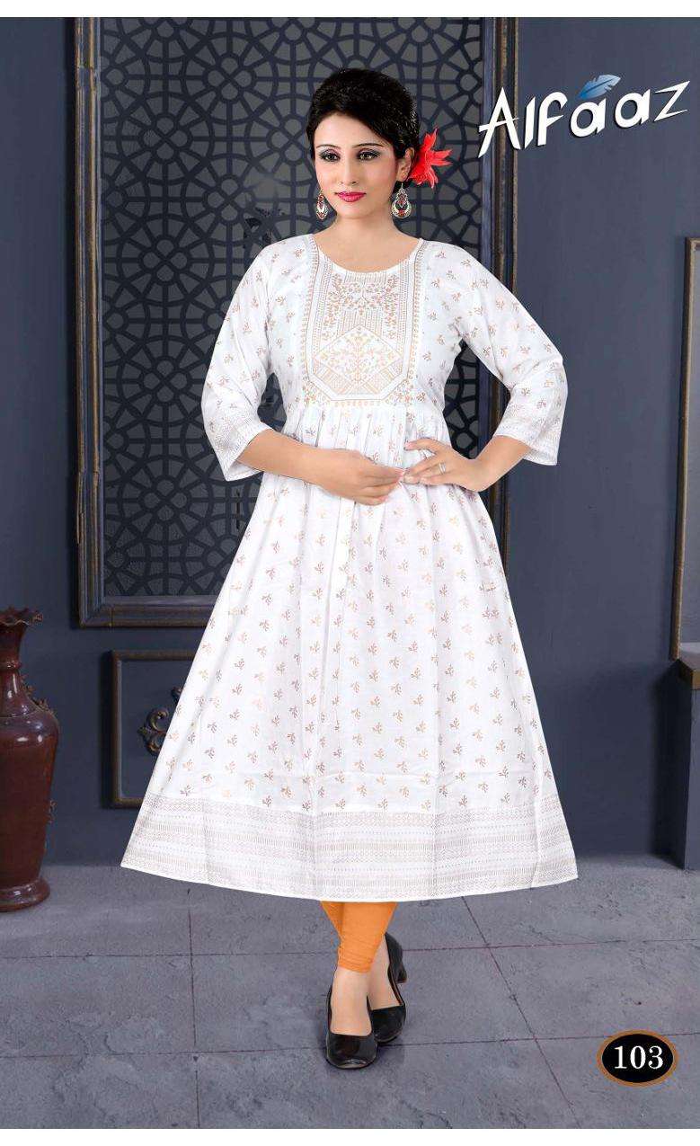 ALFAAZ BY TRENDY 101 TO 108 SERIES DESIGNER STYLISH FANCY COLORFUL BEAUTIFUL PARTY WEAR & ETHNIC WEAR COLLECTION RAYON FOIL KURTIS AT WHOLESALE PRICE