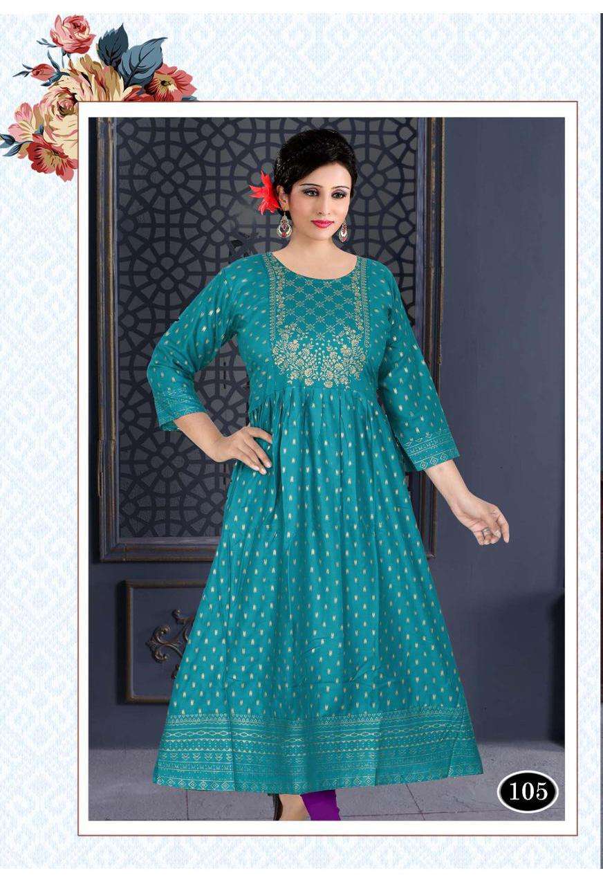 ALFAAZ BY TRENDY 101 TO 108 SERIES DESIGNER STYLISH FANCY COLORFUL BEAUTIFUL PARTY WEAR & ETHNIC WEAR COLLECTION RAYON FOIL KURTIS AT WHOLESALE PRICE