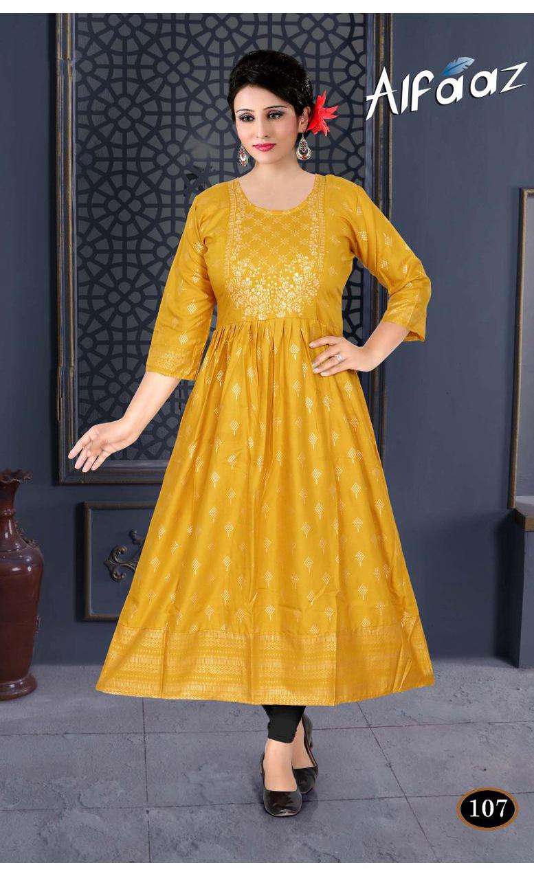 ALFAAZ BY TRENDY 101 TO 108 SERIES DESIGNER STYLISH FANCY COLORFUL BEAUTIFUL PARTY WEAR & ETHNIC WEAR COLLECTION RAYON FOIL KURTIS AT WHOLESALE PRICE