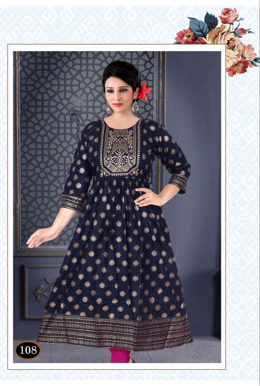 ALFAAZ BY TRENDY 101 TO 108 SERIES DESIGNER STYLISH FANCY COLORFUL BEAUTIFUL PARTY WEAR & ETHNIC WEAR COLLECTION RAYON FOIL KURTIS AT WHOLESALE PRICE