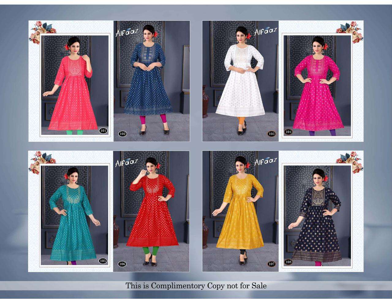 ALFAAZ BY TRENDY 101 TO 108 SERIES DESIGNER STYLISH FANCY COLORFUL BEAUTIFUL PARTY WEAR & ETHNIC WEAR COLLECTION RAYON FOIL KURTIS AT WHOLESALE PRICE