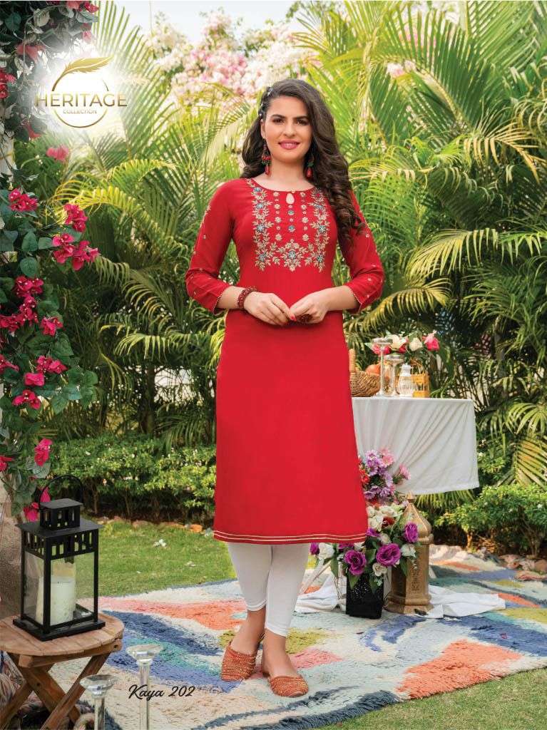 KAYA VOL-2 BY HERITAGE 201 TO 207 SERIES DESIGNER STYLISH FANCY COLORFUL BEAUTIFUL PARTY WEAR & ETHNIC WEAR COLLECTION RAYON EMBROIDERY KURTIS AT WHOLESALE PRICE