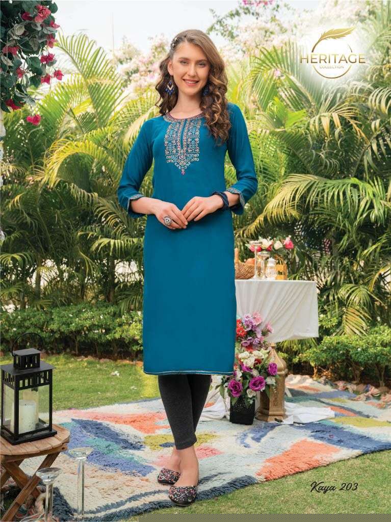 KAYA VOL-2 BY HERITAGE 201 TO 207 SERIES DESIGNER STYLISH FANCY COLORFUL BEAUTIFUL PARTY WEAR & ETHNIC WEAR COLLECTION RAYON EMBROIDERY KURTIS AT WHOLESALE PRICE