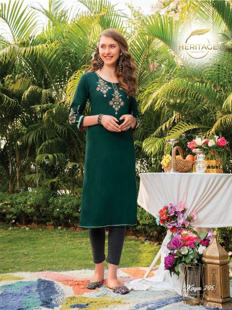 KAYA VOL-2 BY HERITAGE 201 TO 207 SERIES DESIGNER STYLISH FANCY COLORFUL BEAUTIFUL PARTY WEAR & ETHNIC WEAR COLLECTION RAYON EMBROIDERY KURTIS AT WHOLESALE PRICE