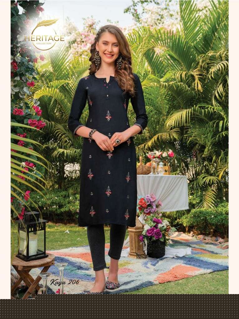 KAYA VOL-2 BY HERITAGE 201 TO 207 SERIES DESIGNER STYLISH FANCY COLORFUL BEAUTIFUL PARTY WEAR & ETHNIC WEAR COLLECTION RAYON EMBROIDERY KURTIS AT WHOLESALE PRICE