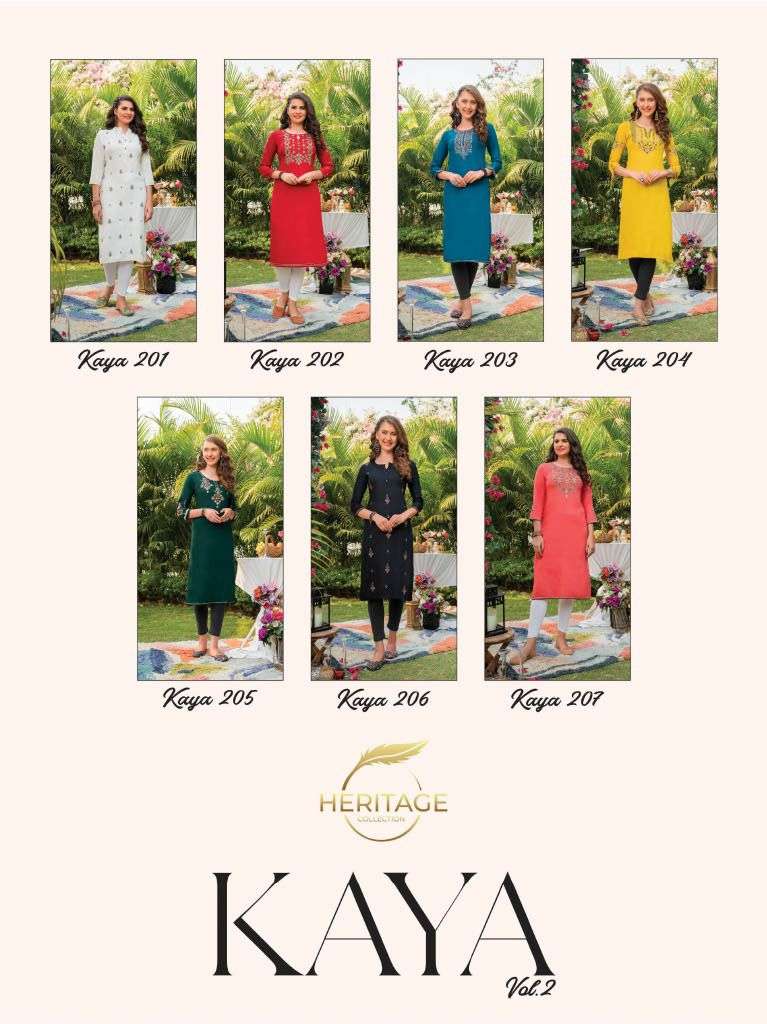 KAYA VOL-2 BY HERITAGE 201 TO 207 SERIES DESIGNER STYLISH FANCY COLORFUL BEAUTIFUL PARTY WEAR & ETHNIC WEAR COLLECTION RAYON EMBROIDERY KURTIS AT WHOLESALE PRICE