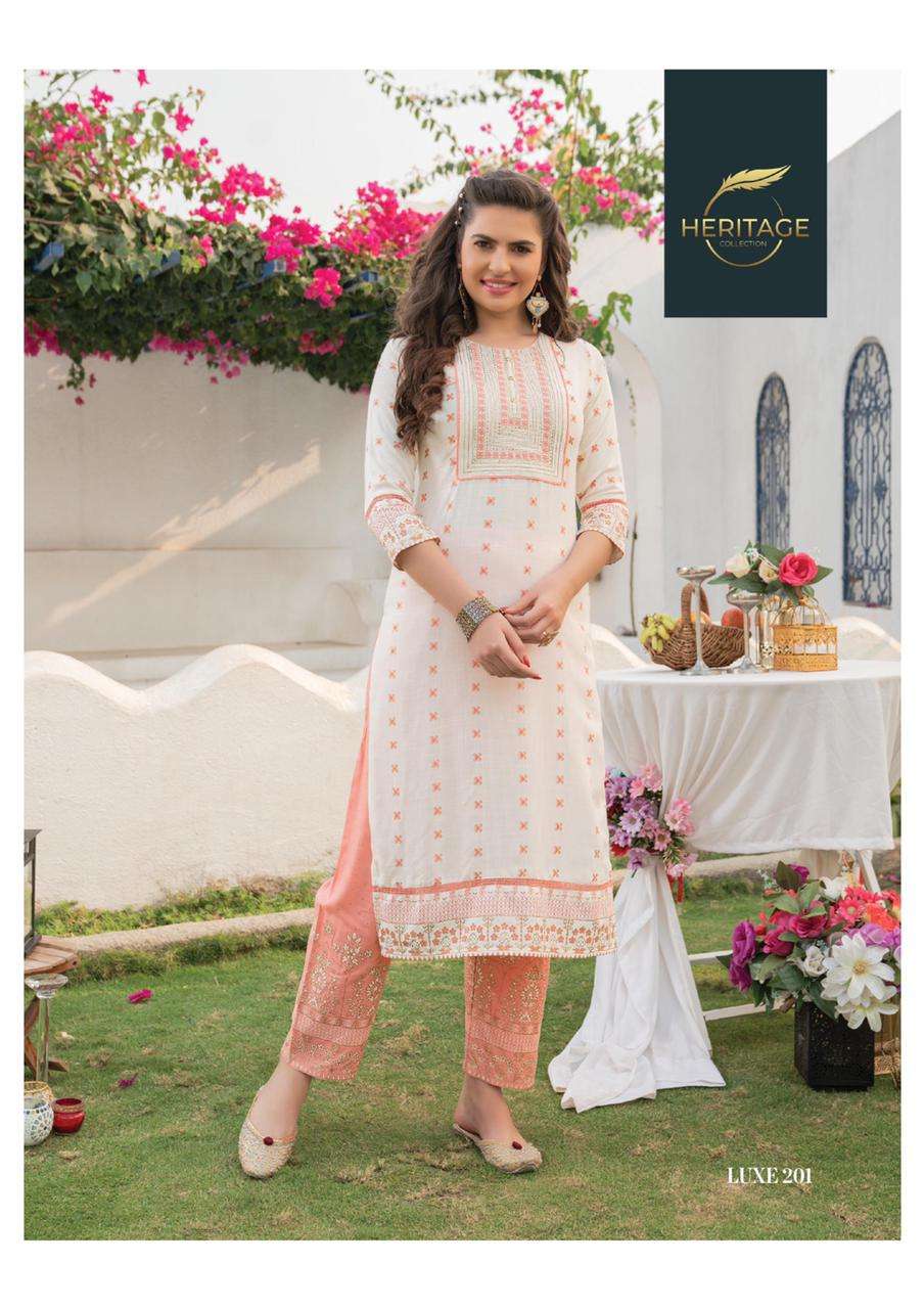 LUXE VOl-2 BY HERITAGE 201 TO 206 SERIES DESIGNER STYLISH FANCY COLORFUL BEAUTIFUL PARTY WEAR & ETHNIC WEAR COLLECTION RAYON KURTIS WITH BOTTOM AT WHOLESALE PRICE