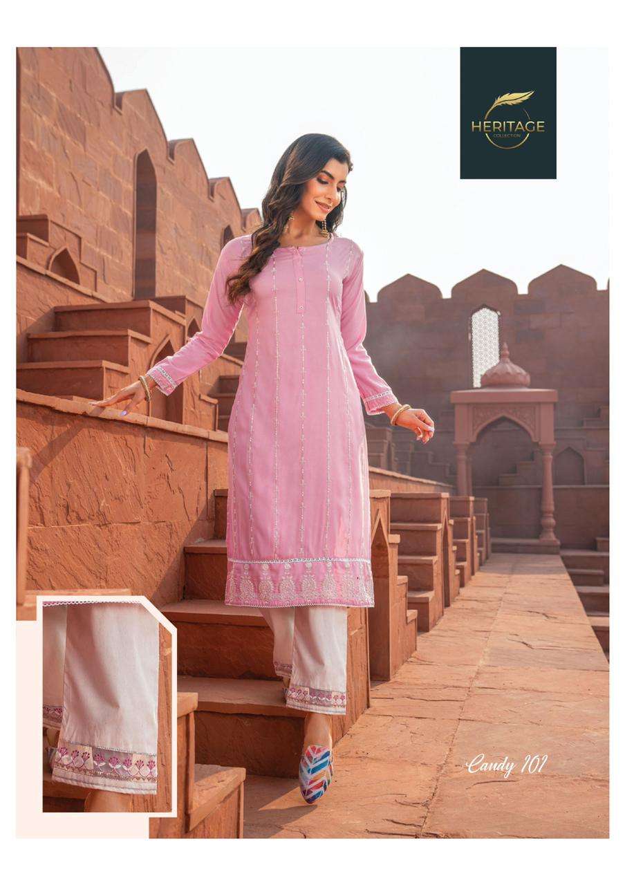 CANDY BY HERITAGE 101 TO 106 SERIES DESIGNER STYLISH FANCY COLORFUL BEAUTIFUL PARTY WEAR & ETHNIC WEAR COLLECTION RAYON EMBROIDERED KURTIS WITH BOTTOM AT WHOLESALE PRICE
