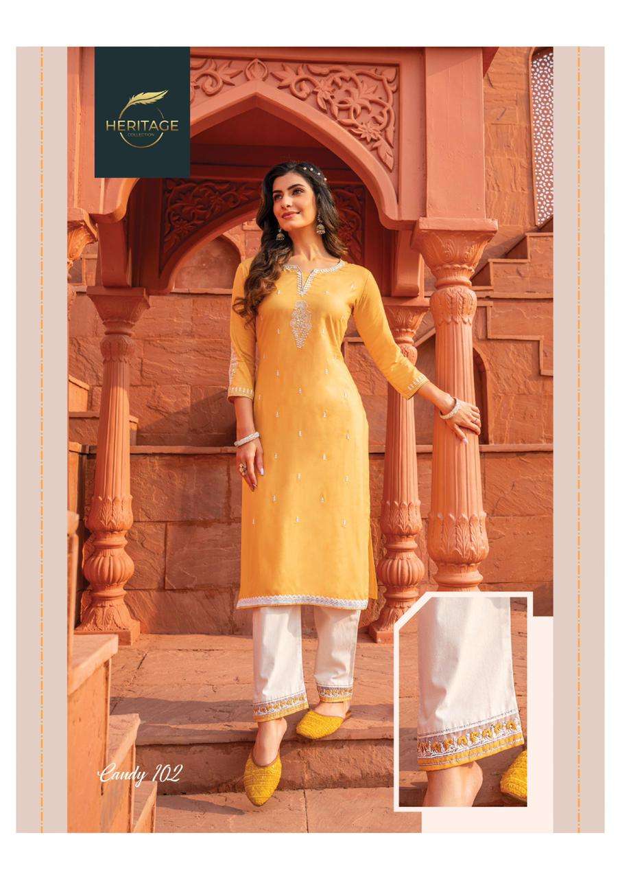 CANDY BY HERITAGE 101 TO 106 SERIES DESIGNER STYLISH FANCY COLORFUL BEAUTIFUL PARTY WEAR & ETHNIC WEAR COLLECTION RAYON EMBROIDERED KURTIS WITH BOTTOM AT WHOLESALE PRICE