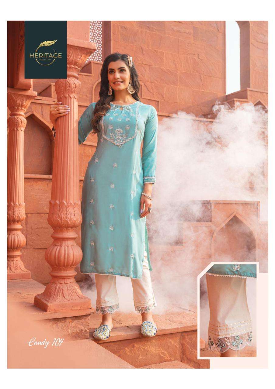 CANDY BY HERITAGE 101 TO 106 SERIES DESIGNER STYLISH FANCY COLORFUL BEAUTIFUL PARTY WEAR & ETHNIC WEAR COLLECTION RAYON EMBROIDERED KURTIS WITH BOTTOM AT WHOLESALE PRICE
