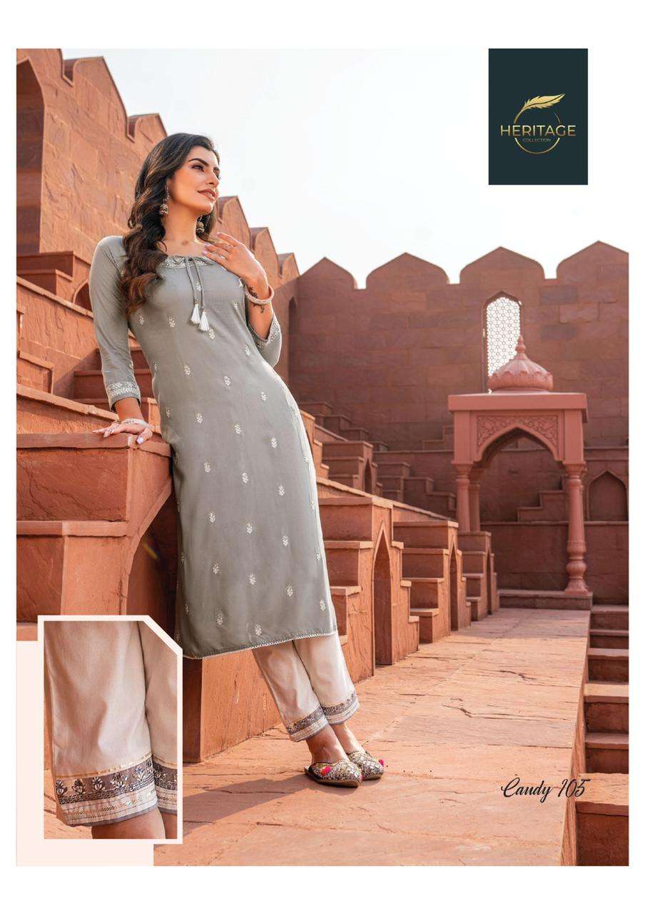 CANDY BY HERITAGE 101 TO 106 SERIES DESIGNER STYLISH FANCY COLORFUL BEAUTIFUL PARTY WEAR & ETHNIC WEAR COLLECTION RAYON EMBROIDERED KURTIS WITH BOTTOM AT WHOLESALE PRICE