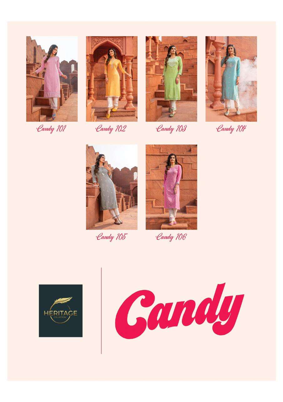 CANDY BY HERITAGE 101 TO 106 SERIES DESIGNER STYLISH FANCY COLORFUL BEAUTIFUL PARTY WEAR & ETHNIC WEAR COLLECTION RAYON EMBROIDERED KURTIS WITH BOTTOM AT WHOLESALE PRICE