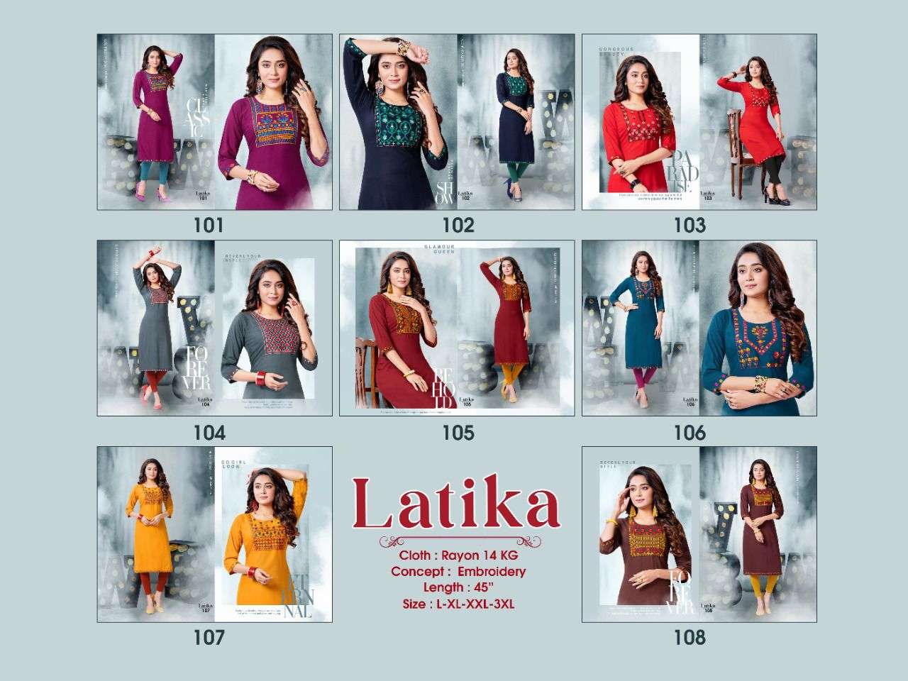 LATIKA BY KAAMIRI 101 TO 108 SERIES DESIGNER STYLISH FANCY COLORFUL BEAUTIFUL PARTY WEAR & ETHNIC WEAR COLLECTION RAYON EMBROIDERY KURTIS AT WHOLESALE PRICE