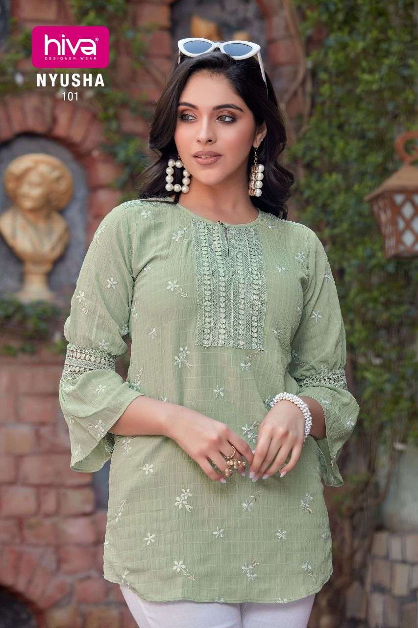 NYUSHA BY HIVA 101 TO 106 SERIES BEAUTIFUL STYLISH FANCY COLORFUL CASUAL WEAR & ETHNIC WEAR GEORGETTE TOPS AT WHOLESALE PRICE