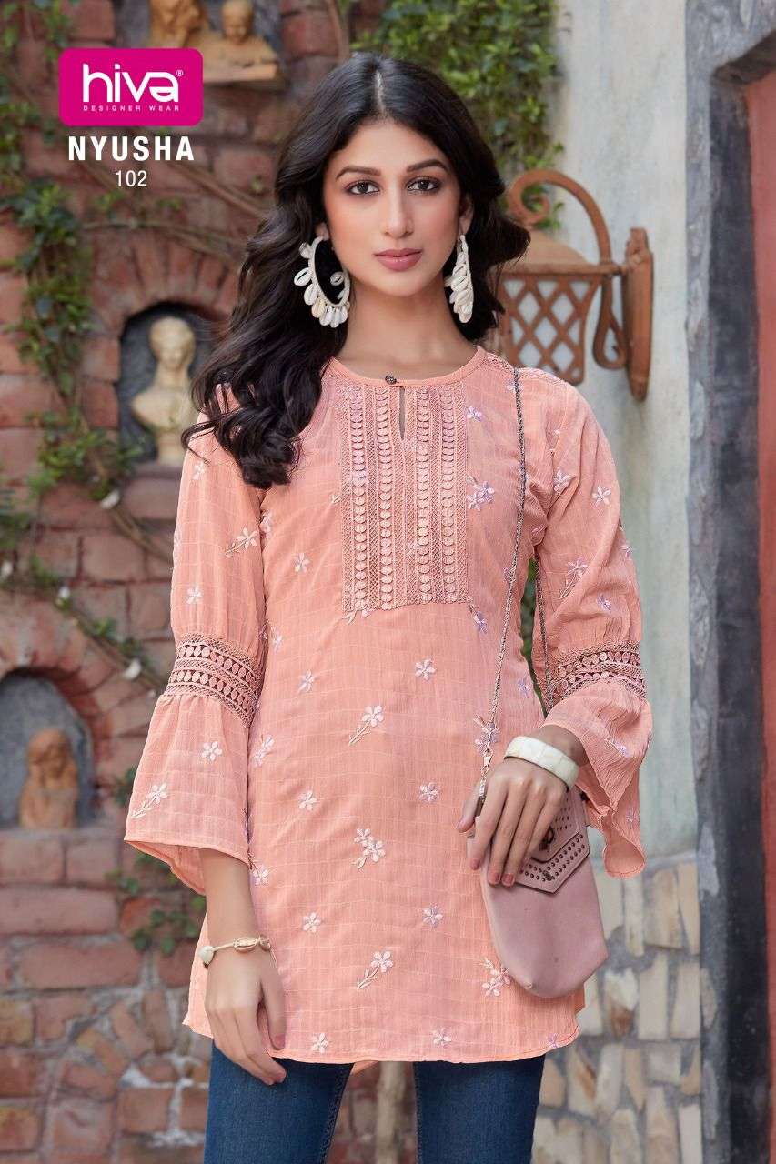 NYUSHA BY HIVA 101 TO 106 SERIES BEAUTIFUL STYLISH FANCY COLORFUL CASUAL WEAR & ETHNIC WEAR GEORGETTE TOPS AT WHOLESALE PRICE