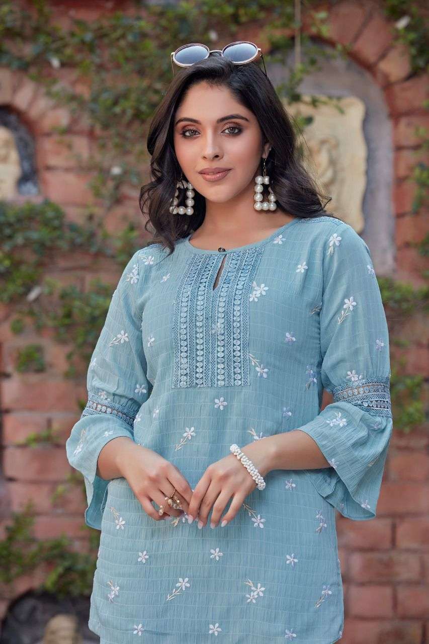 NYUSHA BY HIVA 101 TO 106 SERIES BEAUTIFUL STYLISH FANCY COLORFUL CASUAL WEAR & ETHNIC WEAR GEORGETTE TOPS AT WHOLESALE PRICE