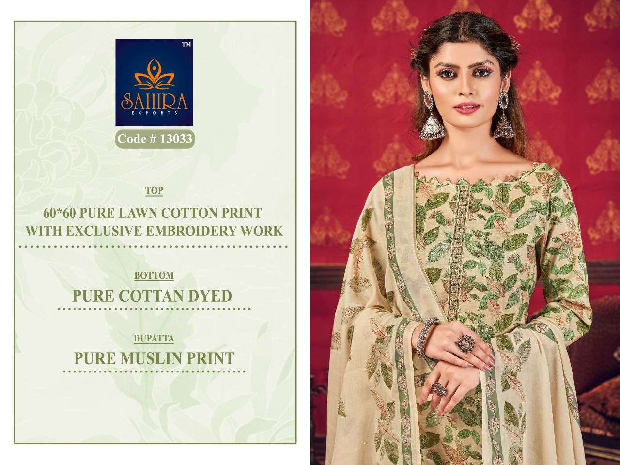 SAHIRA 13033 COLOURS BY SAHIRA EXPORTS 13033-A TO 13033-D SERIES BEAUTIFUL STYLISH SUITS FANCY COLORFUL CASUAL WEAR & ETHNIC WEAR & READY TO WEAR LAWN COTTON PRINT WITH EMBRODERY DRESSES AT WHOLESALE PRICE
