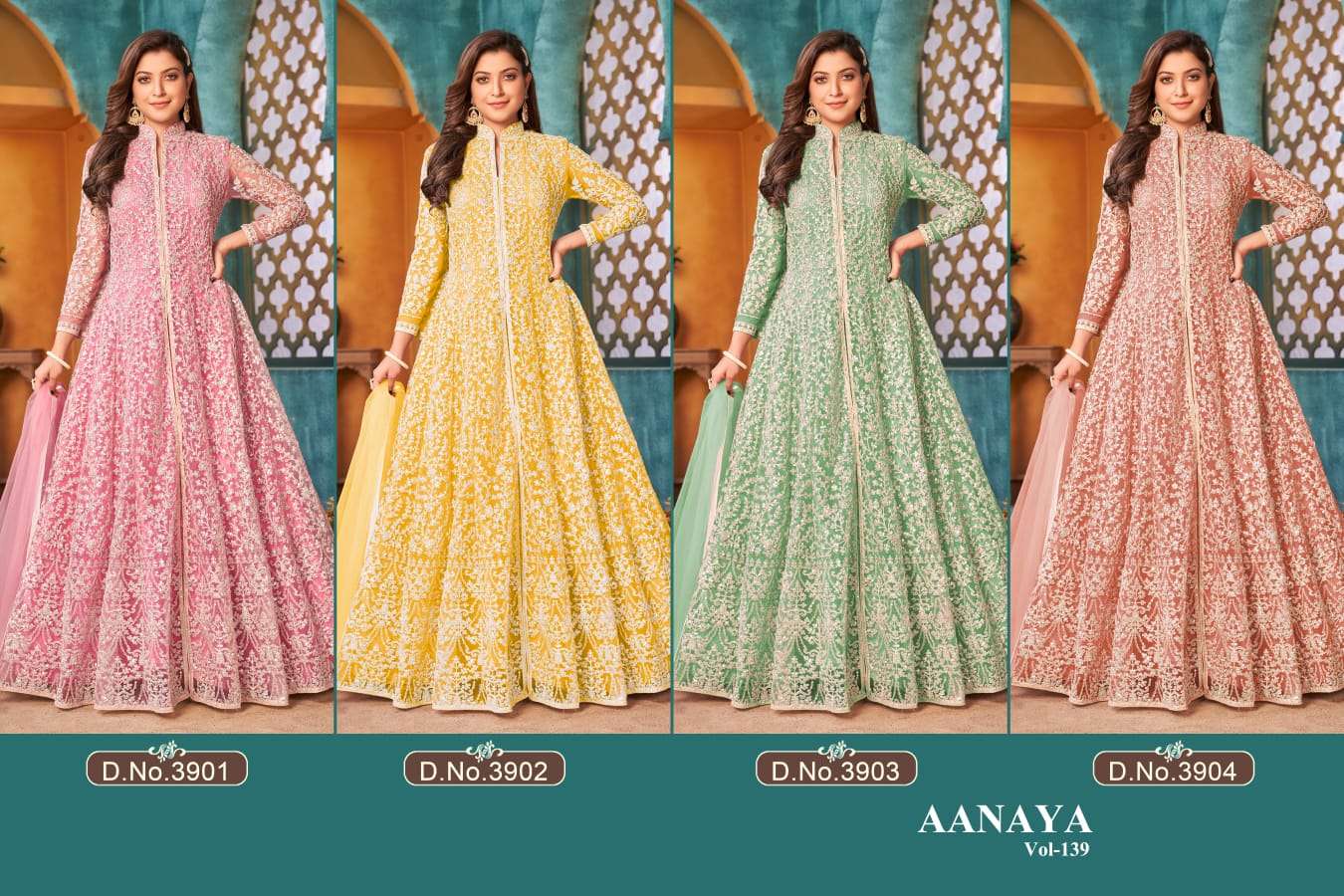 Aanaya Vol-139 By Twisha 3901 To 3904 Series Designer Wedding Collection Beautiful Stylish Fancy Colorful Party Wear & Occasional Wear Net Embroidered Dresses At Wholesale Price