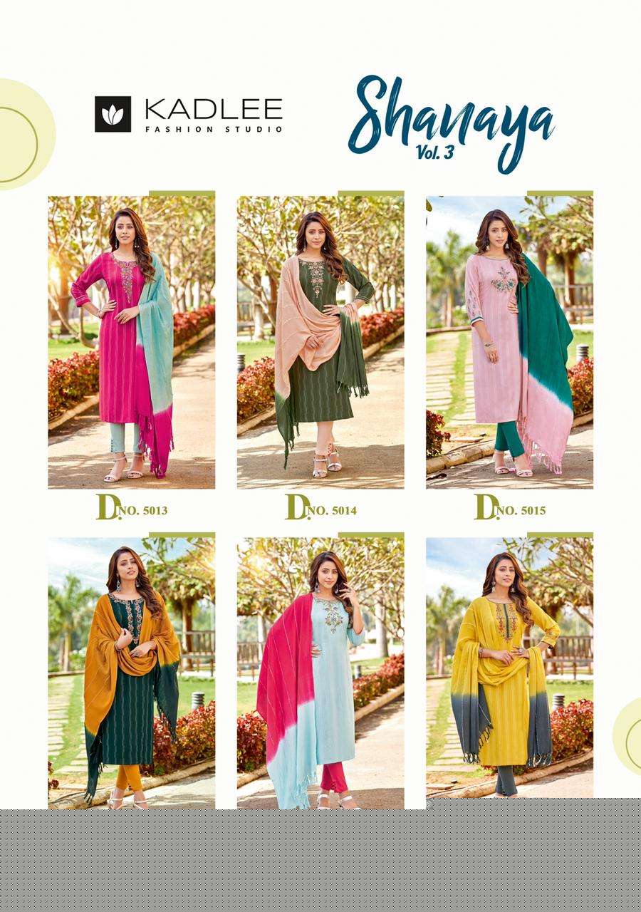SHANAYA VOL-3 BY KADLEE 5013 TO 5018 SERIES BEAUTIFUL SUITS COLORFUL STYLISH FANCY CASUAL WEAR & ETHNIC WEAR RAYON EMBROIDERED DRESSES AT WHOLESALE PRICE