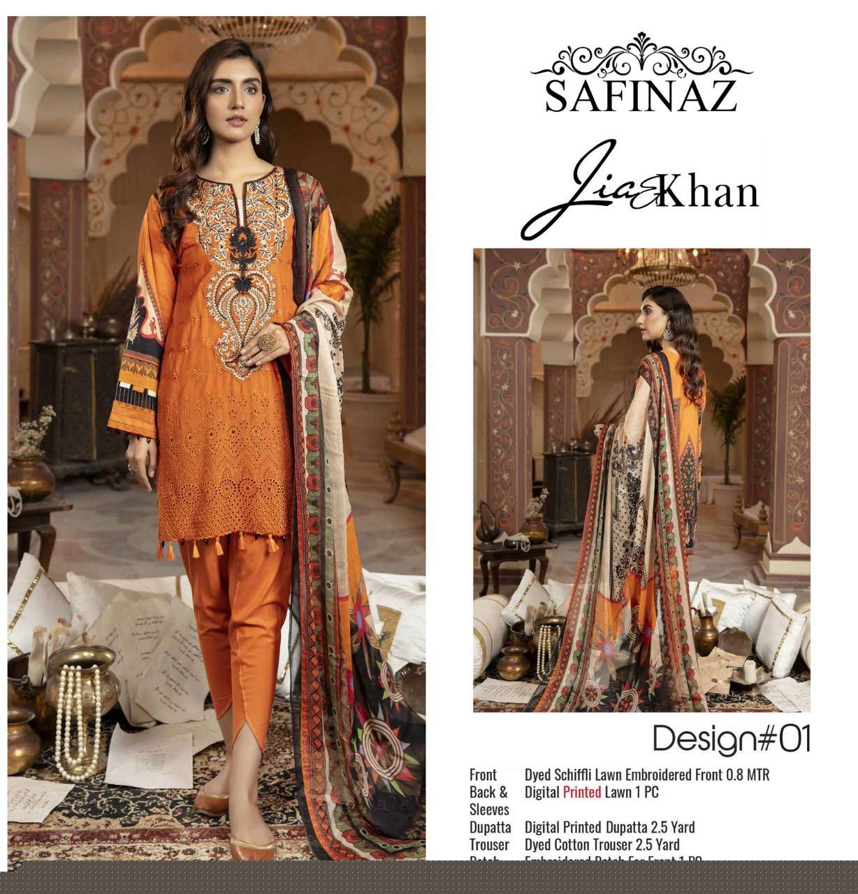 JIA KHAN BY SAFINAZ 01 TO 04 SERIES BEAUTIFUL PAKISTANI SUITS COLORFUL STYLISH FANCY CASUAL WEAR & ETHNIC WEAR LAWN EMBROIDERED DRESSES AT WHOLESALE PRICE