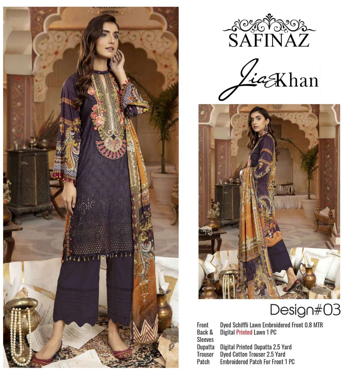 JIA KHAN BY SAFINAZ 01 TO 04 SERIES BEAUTIFUL PAKISTANI SUITS COLORFUL STYLISH FANCY CASUAL WEAR & ETHNIC WEAR LAWN EMBROIDERED DRESSES AT WHOLESALE PRICE