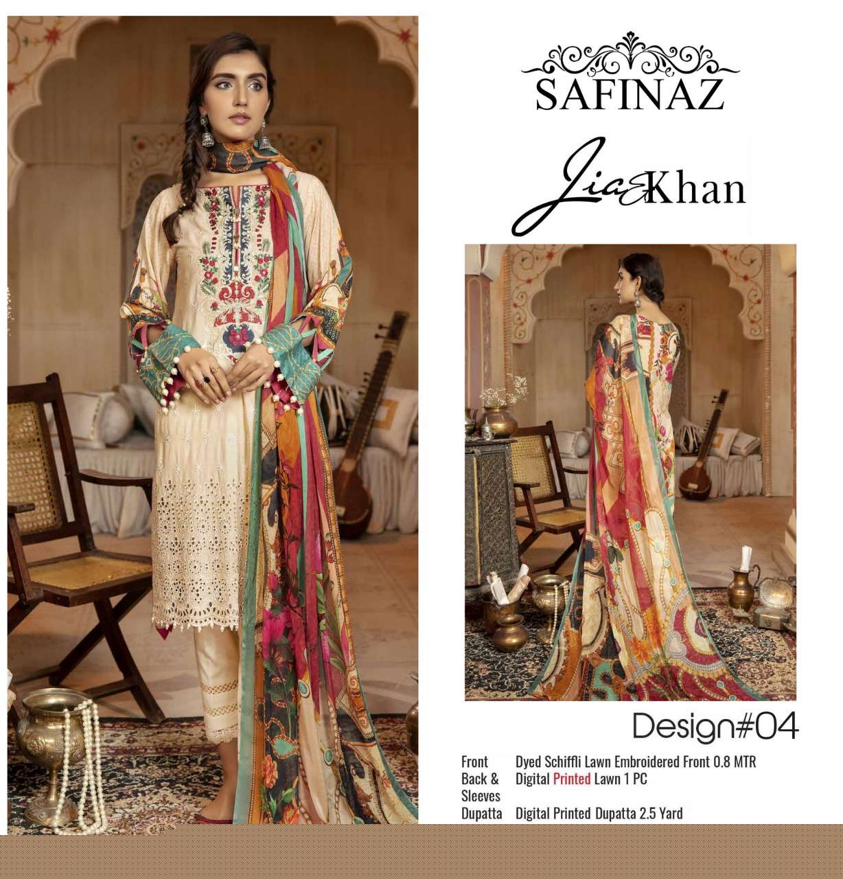 JIA KHAN BY SAFINAZ 01 TO 04 SERIES BEAUTIFUL PAKISTANI SUITS COLORFUL STYLISH FANCY CASUAL WEAR & ETHNIC WEAR LAWN EMBROIDERED DRESSES AT WHOLESALE PRICE