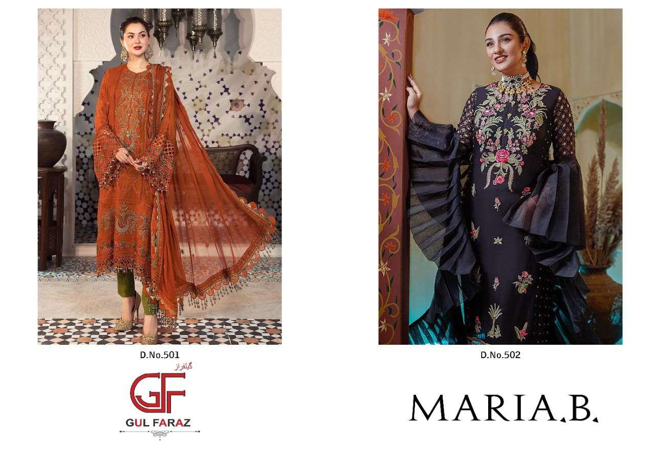 MARIA.B. BY GUL FARAZ 501 TO 502 SERIES DESIGNER PAKISTANI SUITS COLLECTION BEAUTIFUL STYLISH FANCY COLORFUL PARTY WEAR & OCCASIONAL WEAR FAUX GEORGETTE EMBROIDERED DRESSES AT WHOLESALE PRICE