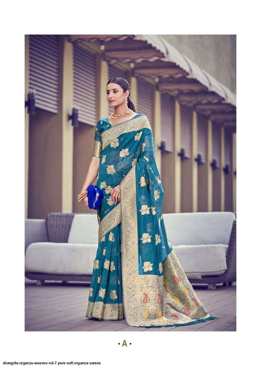 ORGENZA WEAVES VOL-7 BY SHANGRILA A TO F SERIES INDIAN TRADITIONAL WEAR COLLECTION BEAUTIFUL STYLISH FANCY COLORFUL PARTY WEAR & OCCASIONAL WEAR SOFT ORGANZA PRINTED SAREES AT WHOLESALE PRICE