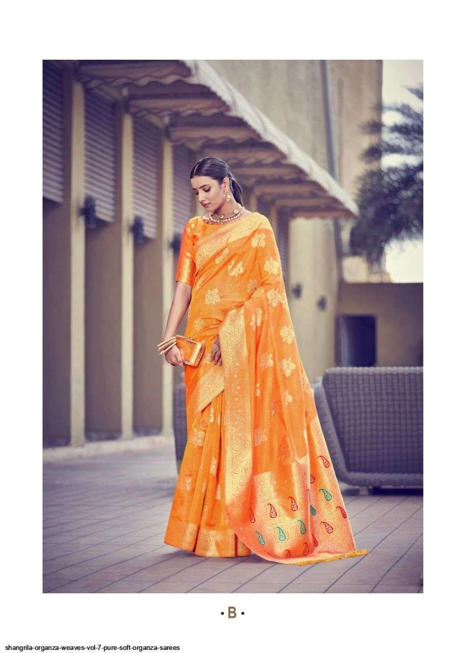 ORGENZA WEAVES VOL-7 BY SHANGRILA A TO F SERIES INDIAN TRADITIONAL WEAR COLLECTION BEAUTIFUL STYLISH FANCY COLORFUL PARTY WEAR & OCCASIONAL WEAR SOFT ORGANZA PRINTED SAREES AT WHOLESALE PRICE