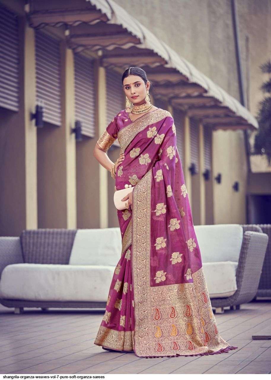 ORGENZA WEAVES VOL-7 BY SHANGRILA A TO F SERIES INDIAN TRADITIONAL WEAR COLLECTION BEAUTIFUL STYLISH FANCY COLORFUL PARTY WEAR & OCCASIONAL WEAR SOFT ORGANZA PRINTED SAREES AT WHOLESALE PRICE