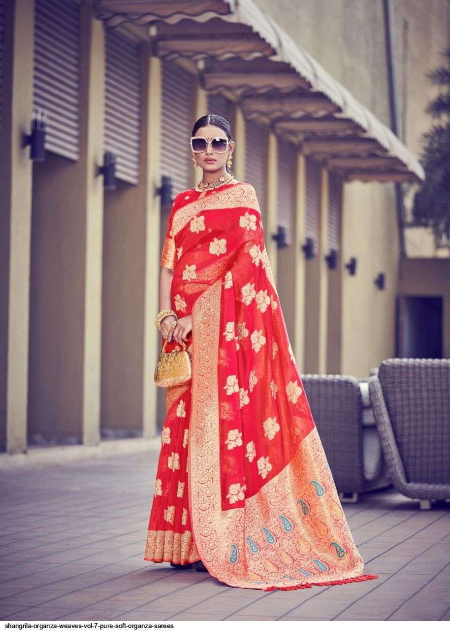ORGENZA WEAVES VOL-7 BY SHANGRILA A TO F SERIES INDIAN TRADITIONAL WEAR COLLECTION BEAUTIFUL STYLISH FANCY COLORFUL PARTY WEAR & OCCASIONAL WEAR SOFT ORGANZA PRINTED SAREES AT WHOLESALE PRICE