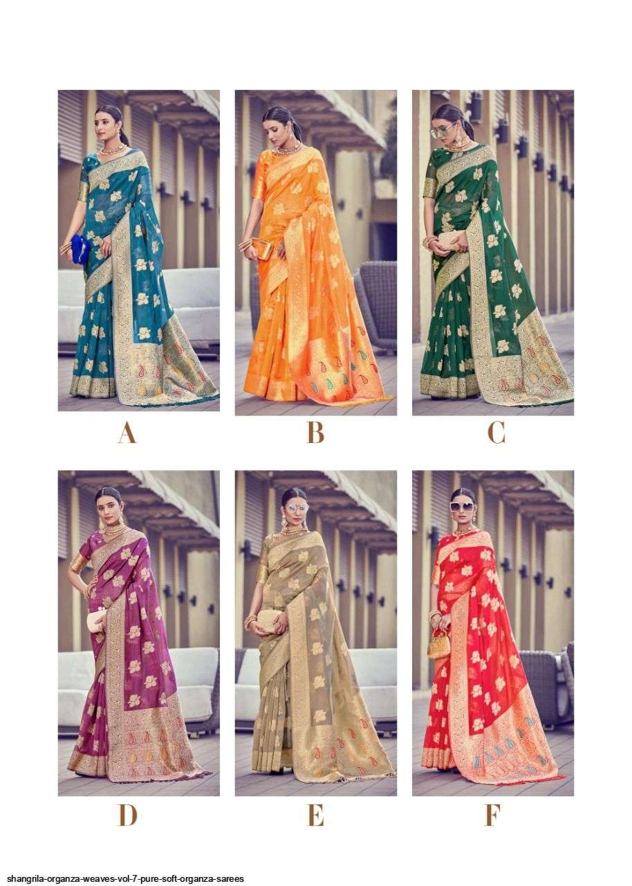 ORGENZA WEAVES VOL-7 BY SHANGRILA A TO F SERIES INDIAN TRADITIONAL WEAR COLLECTION BEAUTIFUL STYLISH FANCY COLORFUL PARTY WEAR & OCCASIONAL WEAR SOFT ORGANZA PRINTED SAREES AT WHOLESALE PRICE