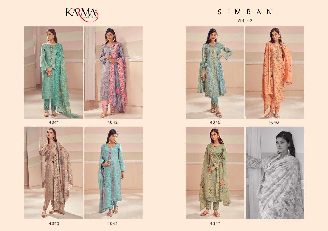SIMRAN VOL-2 BY KARMA TRENDZ 4041 TO 4047 SERIES BEAUTIFUL SUITS COLORFUL STYLISH FANCY CASUAL WEAR & ETHNIC WEAR PURE JAM COTTON DIGITAL PRINT DRESSES AT WHOLESALE PRICE