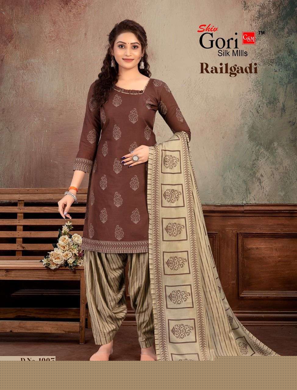RAILGADI BY SHIV GORI SILK MILLS 1001 TO 1008 SERIES BEAUTIFUL SUITS COLORFUL STYLISH FANCY CASUAL WEAR & ETHNIC WEAR HEAVY COTTON PRINT DRESSES AT WHOLESALE PRICE