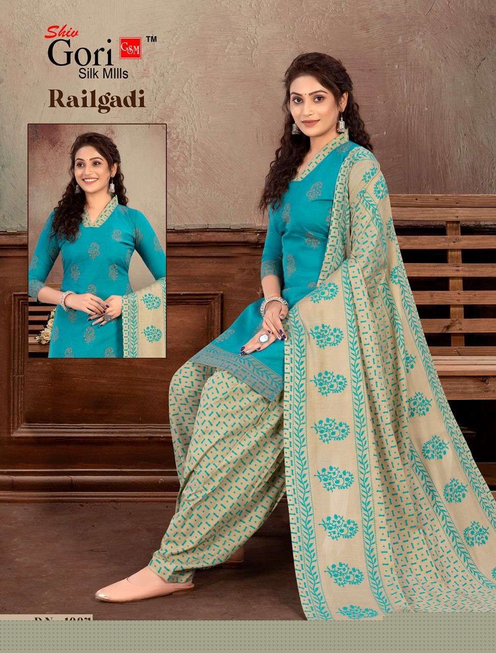 RAILGADI BY SHIV GORI SILK MILLS 1001 TO 1008 SERIES BEAUTIFUL SUITS COLORFUL STYLISH FANCY CASUAL WEAR & ETHNIC WEAR HEAVY COTTON PRINT DRESSES AT WHOLESALE PRICE
