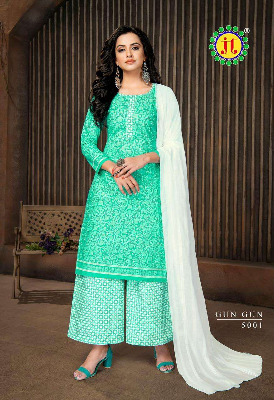 GUN GUN VOL-5 BY JT 5001 TO 5010 SERIES BEAUTIFUL STYLISH SUITS FANCY COLORFUL CASUAL WEAR & ETHNIC WEAR & READY TO WEAR COTTON PRINTED DRESSES AT WHOLESALE PRICE