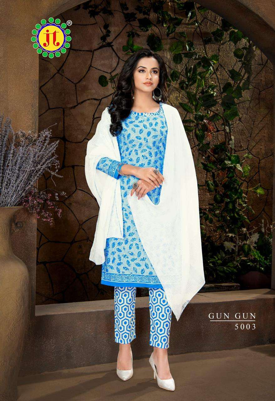 GUN GUN VOL-5 BY JT 5001 TO 5010 SERIES BEAUTIFUL STYLISH SUITS FANCY COLORFUL CASUAL WEAR & ETHNIC WEAR & READY TO WEAR COTTON PRINTED DRESSES AT WHOLESALE PRICE