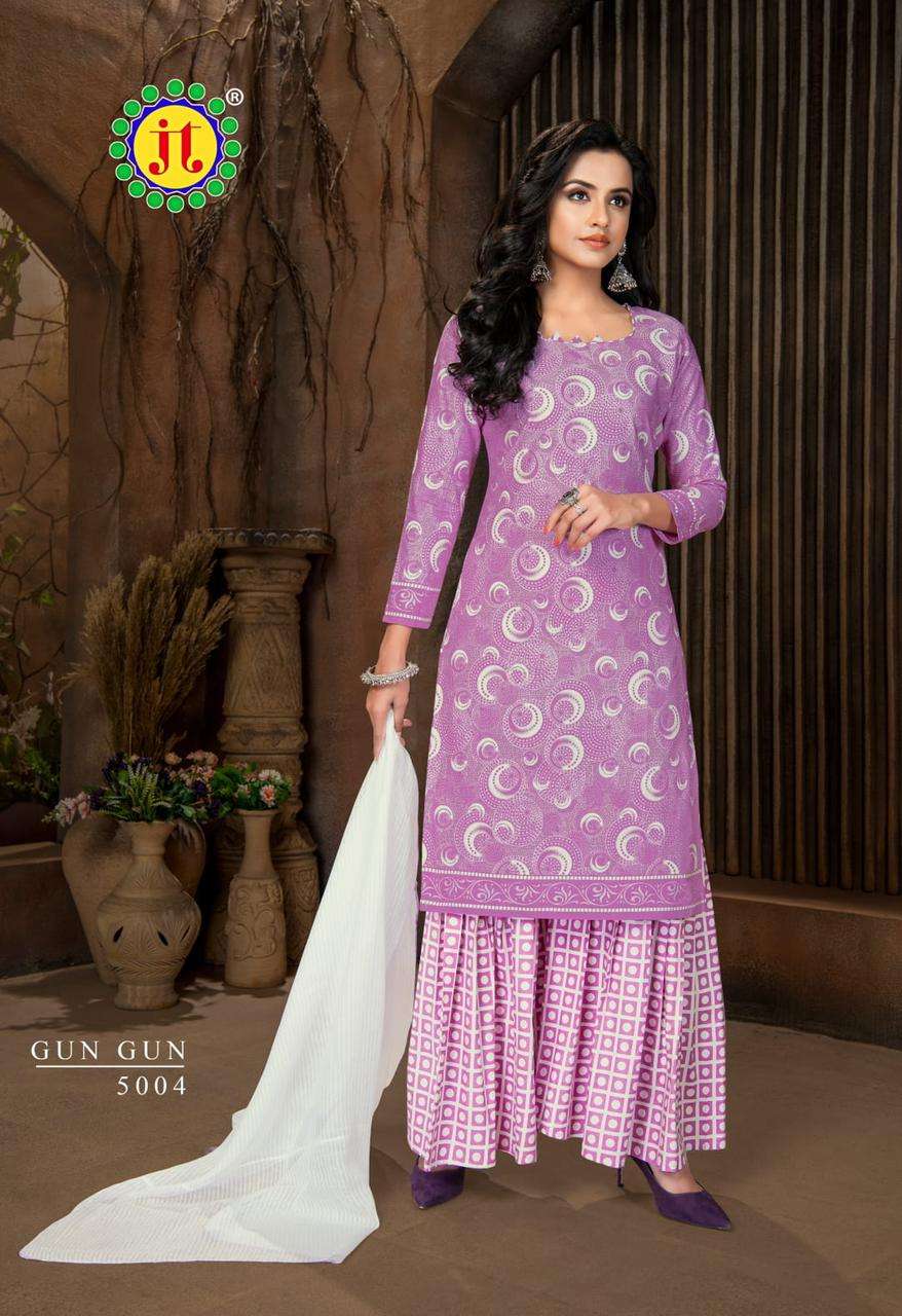 GUN GUN VOL-5 BY JT 5001 TO 5010 SERIES BEAUTIFUL STYLISH SUITS FANCY COLORFUL CASUAL WEAR & ETHNIC WEAR & READY TO WEAR COTTON PRINTED DRESSES AT WHOLESALE PRICE