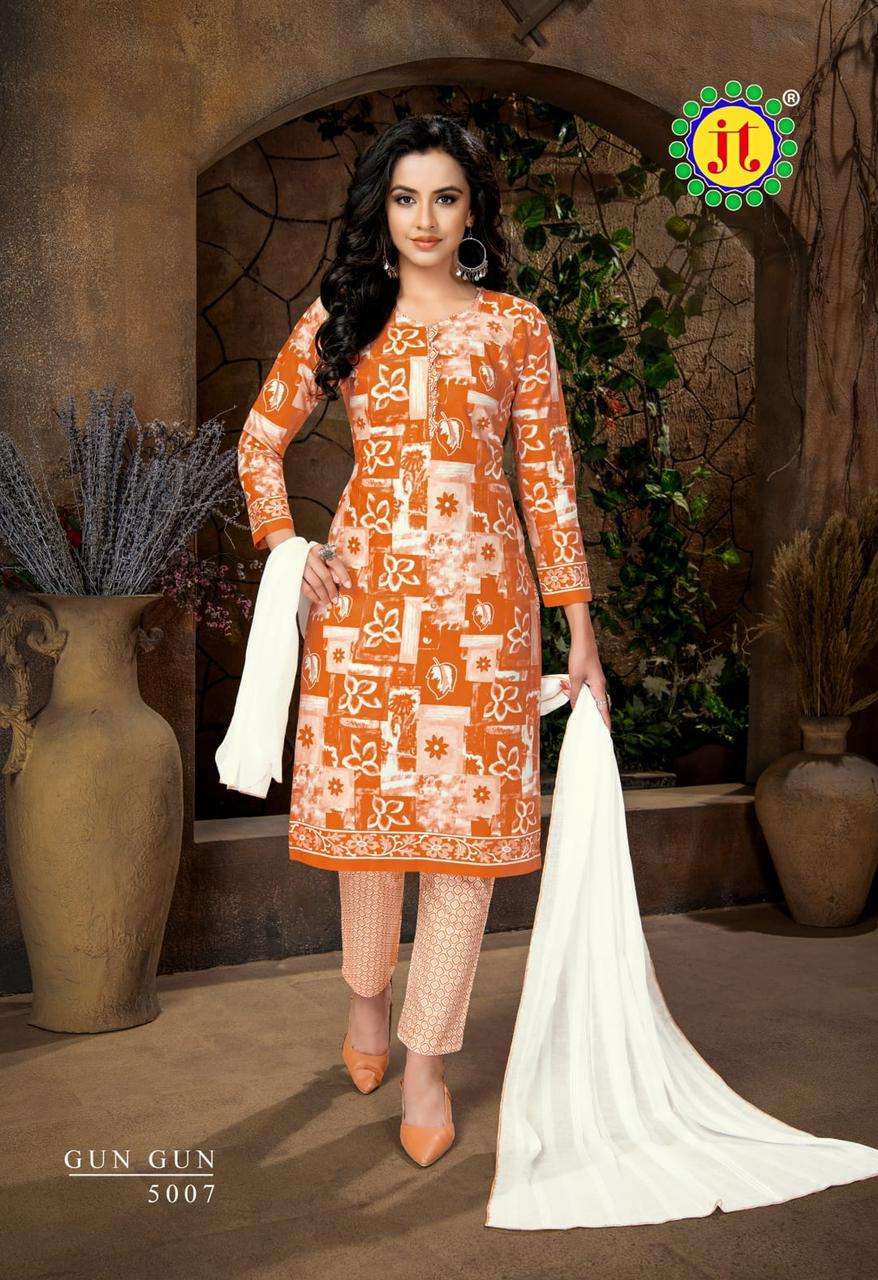 GUN GUN VOL-5 BY JT 5001 TO 5010 SERIES BEAUTIFUL STYLISH SUITS FANCY COLORFUL CASUAL WEAR & ETHNIC WEAR & READY TO WEAR COTTON PRINTED DRESSES AT WHOLESALE PRICE