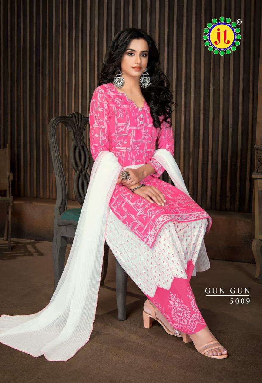 GUN GUN VOL-5 BY JT 5001 TO 5010 SERIES BEAUTIFUL STYLISH SUITS FANCY COLORFUL CASUAL WEAR & ETHNIC WEAR & READY TO WEAR COTTON PRINTED DRESSES AT WHOLESALE PRICE