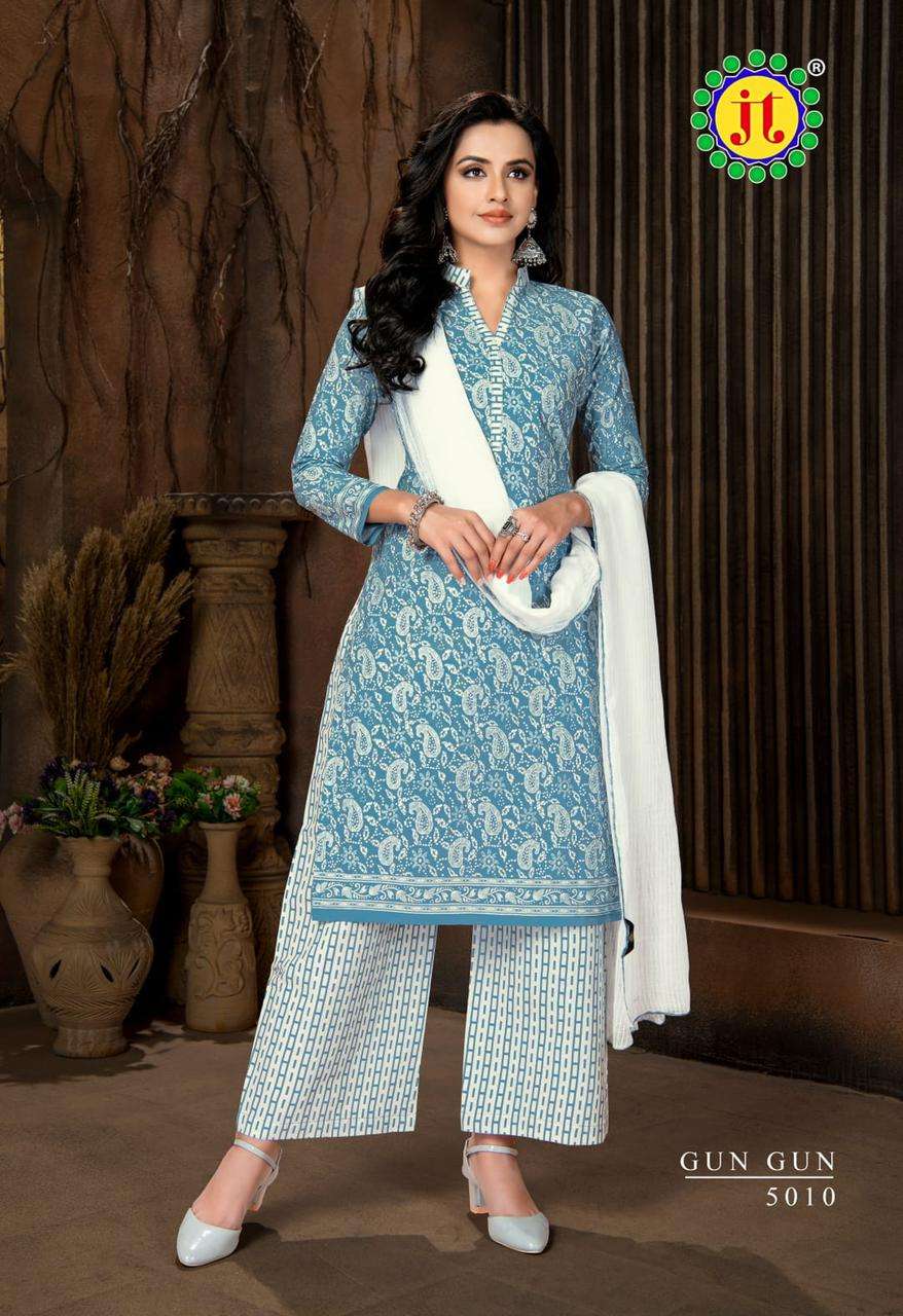 GUN GUN VOL-5 BY JT 5001 TO 5010 SERIES BEAUTIFUL STYLISH SUITS FANCY COLORFUL CASUAL WEAR & ETHNIC WEAR & READY TO WEAR COTTON PRINTED DRESSES AT WHOLESALE PRICE