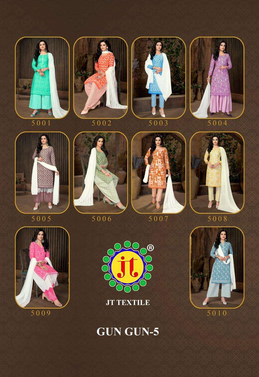 GUN GUN VOL-5 BY JT 5001 TO 5010 SERIES BEAUTIFUL STYLISH SUITS FANCY COLORFUL CASUAL WEAR & ETHNIC WEAR & READY TO WEAR COTTON PRINTED DRESSES AT WHOLESALE PRICE