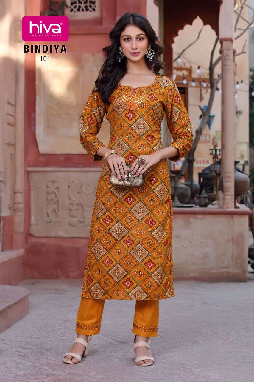 BINDIYA BY HIVA 101 TO 106 SERIES DESIGNER STYLISH FANCY COLORFUL BEAUTIFUL PARTY WEAR & ETHNIC WEAR COLLECTION RAYON PRINT KURTIS WITH BOTTOM AT WHOLESALE PRICE