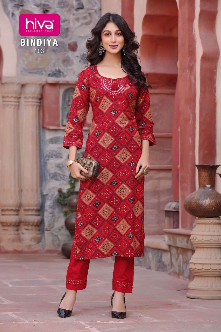 BINDIYA BY HIVA 101 TO 106 SERIES DESIGNER STYLISH FANCY COLORFUL BEAUTIFUL PARTY WEAR & ETHNIC WEAR COLLECTION RAYON PRINT KURTIS WITH BOTTOM AT WHOLESALE PRICE