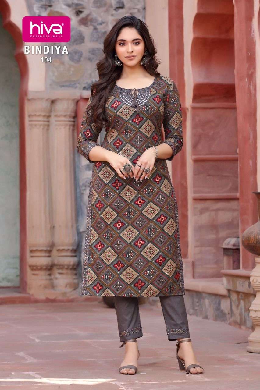 BINDIYA BY HIVA 101 TO 106 SERIES DESIGNER STYLISH FANCY COLORFUL BEAUTIFUL PARTY WEAR & ETHNIC WEAR COLLECTION RAYON PRINT KURTIS WITH BOTTOM AT WHOLESALE PRICE
