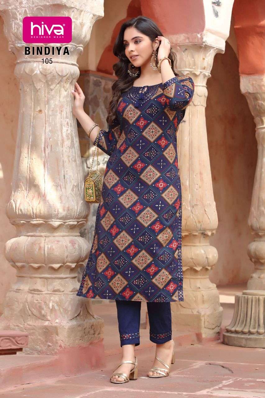 BINDIYA BY HIVA 101 TO 106 SERIES DESIGNER STYLISH FANCY COLORFUL BEAUTIFUL PARTY WEAR & ETHNIC WEAR COLLECTION RAYON PRINT KURTIS WITH BOTTOM AT WHOLESALE PRICE