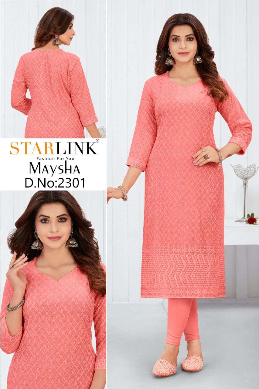 MAYSHA BY STARLINK 2301 TO 2308 SERIES DESIGNER STYLISH FANCY COLORFUL BEAUTIFUL PARTY WEAR & ETHNIC WEAR COLLECTION RAYON EMBROIDERY KURTIS AT WHOLESALE PRICE
