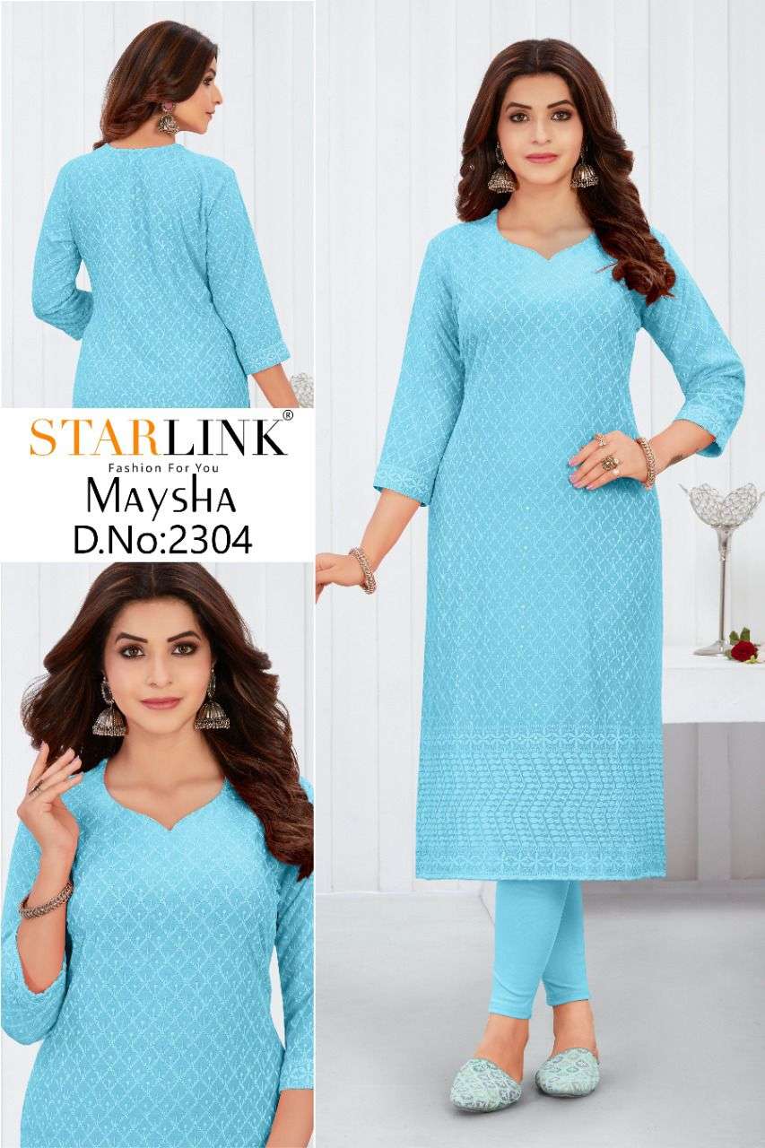 MAYSHA BY STARLINK 2301 TO 2308 SERIES DESIGNER STYLISH FANCY COLORFUL BEAUTIFUL PARTY WEAR & ETHNIC WEAR COLLECTION RAYON EMBROIDERY KURTIS AT WHOLESALE PRICE