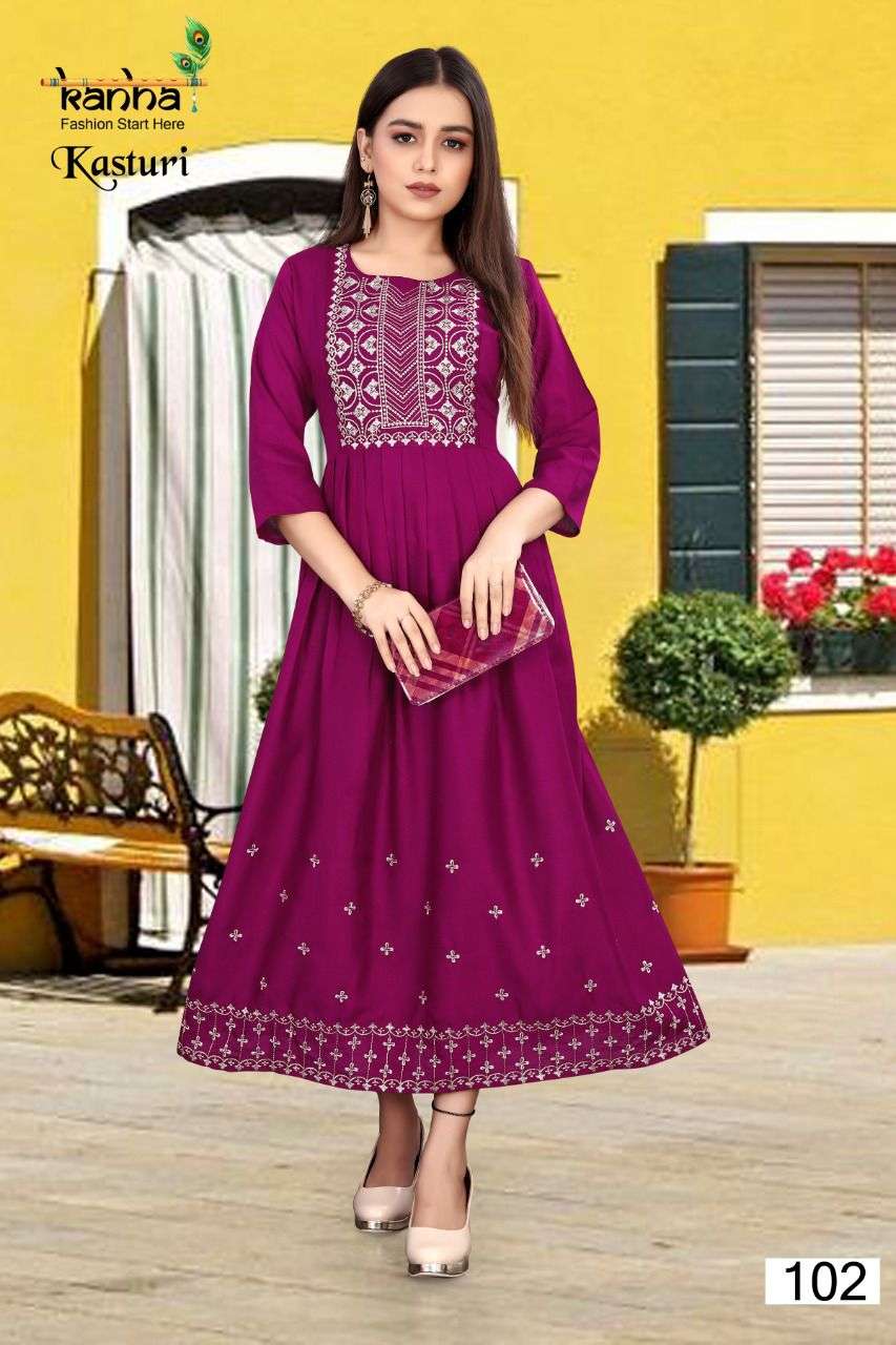 KASTURI BY KANHA 101 TO 106 SERIES DESIGNER STYLISH FANCY COLORFUL BEAUTIFUL PARTY WEAR & ETHNIC WEAR COLLECTION RAYON EMBROIDERY KURTIS AT WHOLESALE PRICE