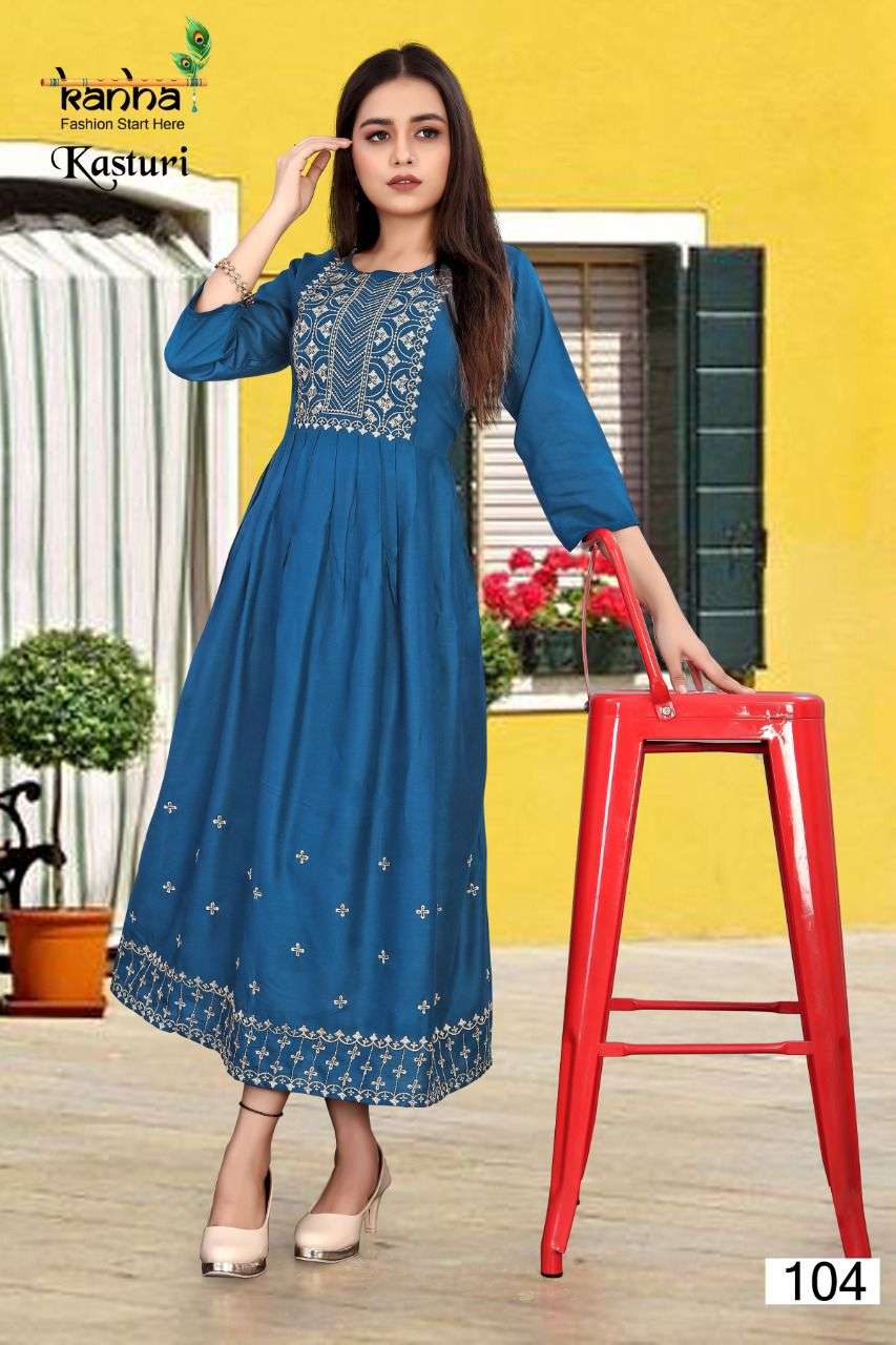 KASTURI BY KANHA 101 TO 106 SERIES DESIGNER STYLISH FANCY COLORFUL BEAUTIFUL PARTY WEAR & ETHNIC WEAR COLLECTION RAYON EMBROIDERY KURTIS AT WHOLESALE PRICE